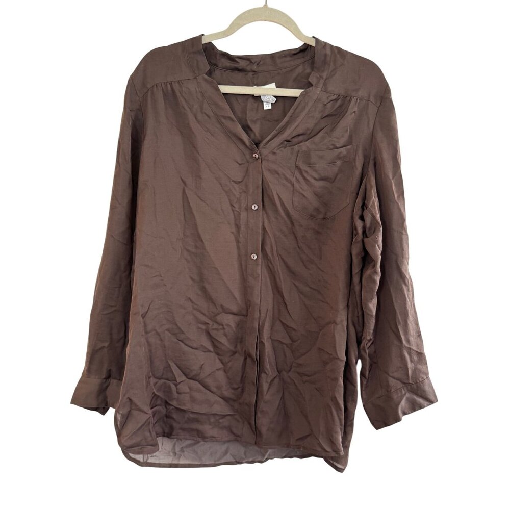 Chicos Sheer Brown Button-Up Blouse With Long Sleeves & V-Neckline  Size 2